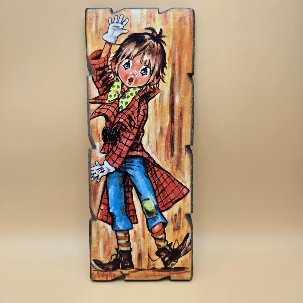 Vintage Idylle Italy Wood Wall Plaque Mid Century Boy Plaid Coat‎ Art